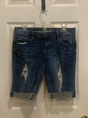 Dark Wash Distressed Denim Bermuda Shorts